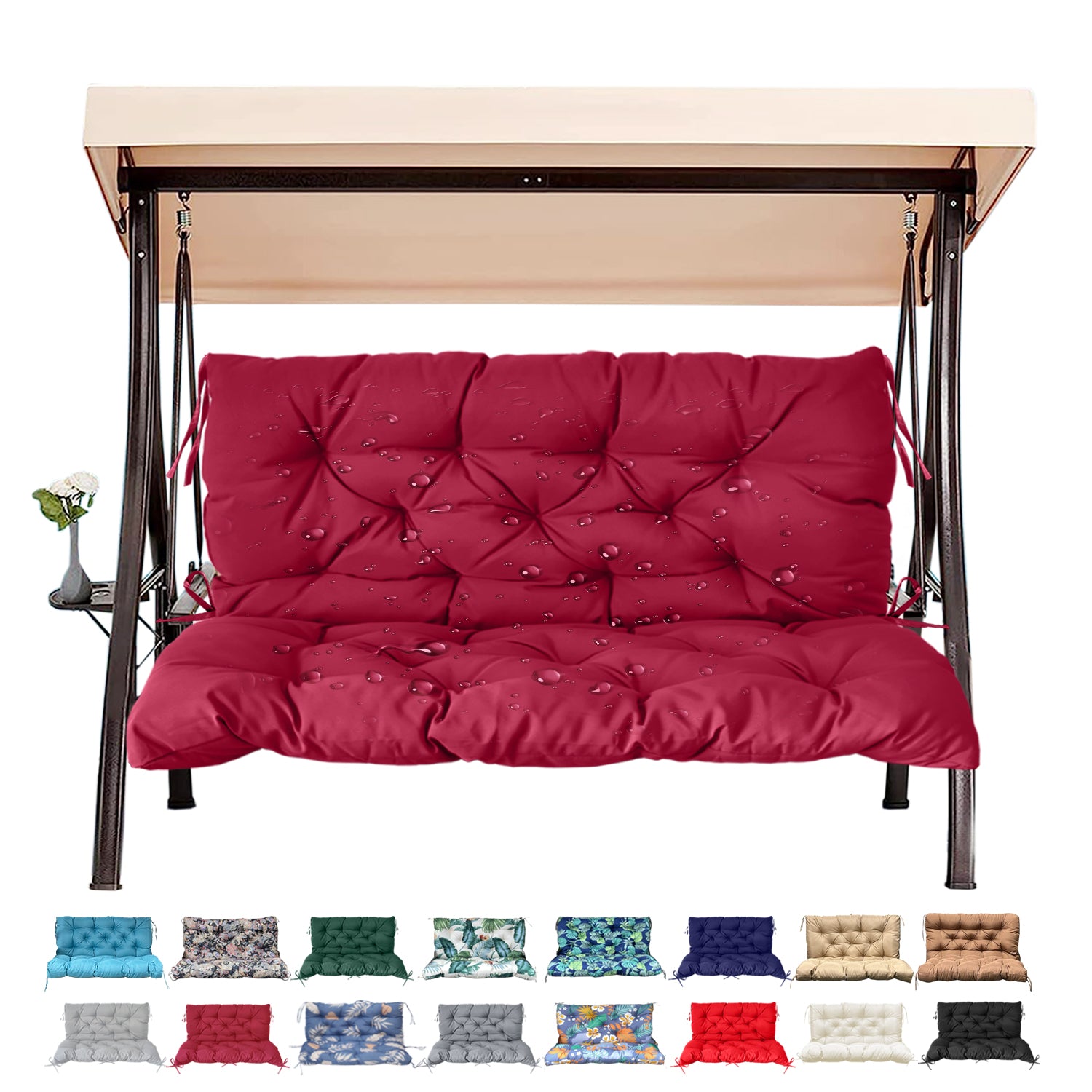 3 Size Outdoor Porch Swing Cushion with Backrest | All Weather Waterproof Tufted Patio Bench Replacement Pad, Anti-Slip Fixing Ties, Fade Resistant Swing Seat Cushion for 2/3-Seater Garden Hanging Swing
