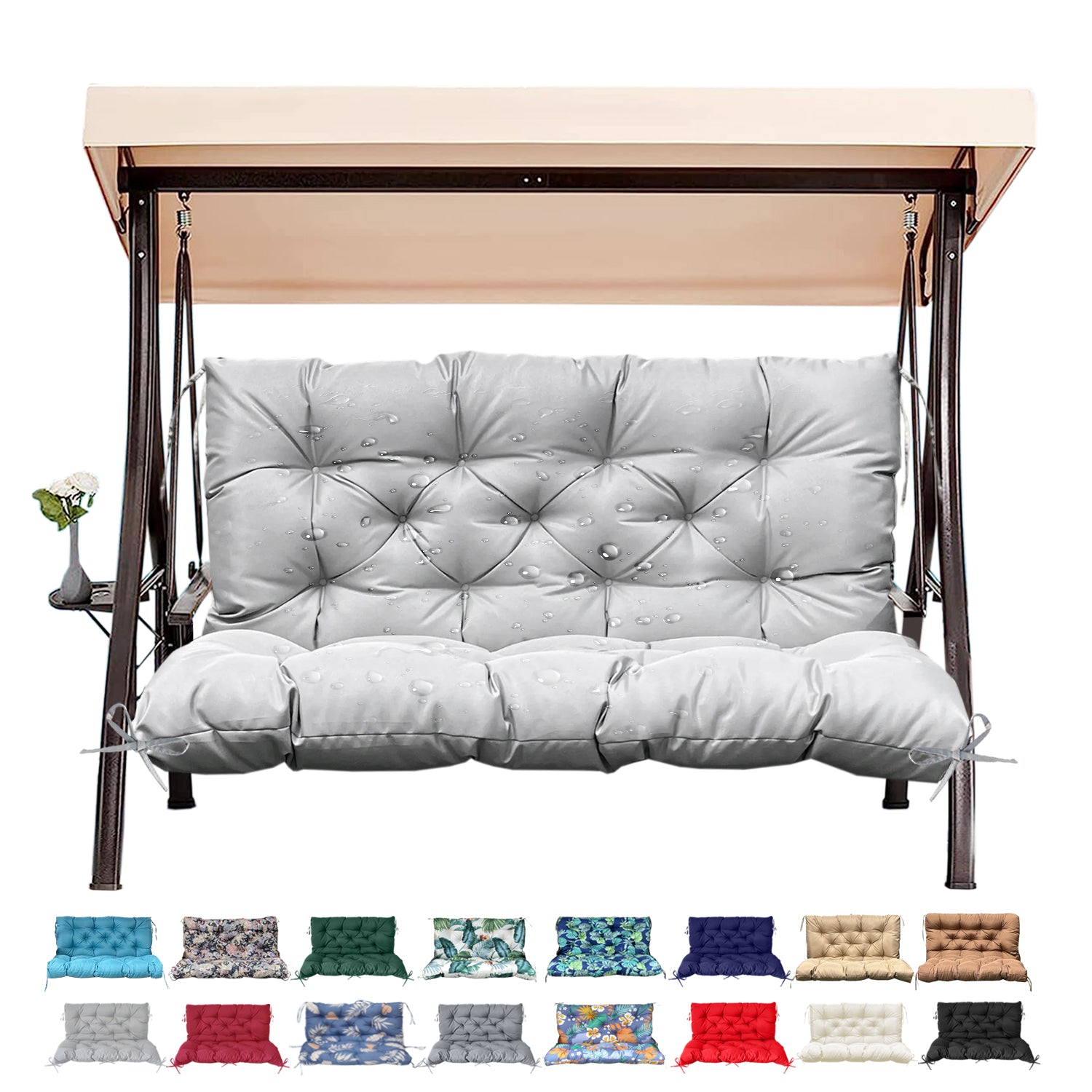 3 Size Outdoor Porch Swing Cushion with Backrest | All Weather Waterproof Tufted Patio Bench Replacement Pad, Anti-Slip Fixing Ties, Fade Resistant Swing Seat Cushion for 2/3-Seater Garden Hanging Swing