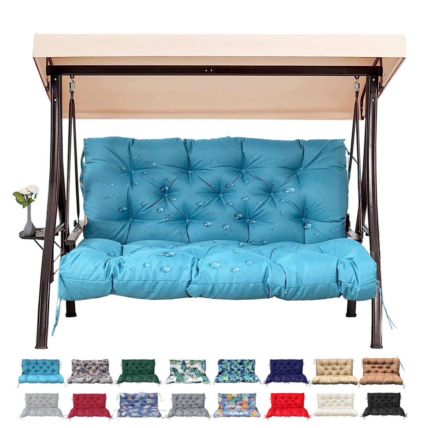 3 Size Outdoor Porch Swing Cushion with Backrest | All Weather Waterproof Tufted Patio Bench Replacement Pad, Anti-Slip Fixing Ties, Fade Resistant Swing Seat Cushion for 2/3-Seater Garden Hanging Swing