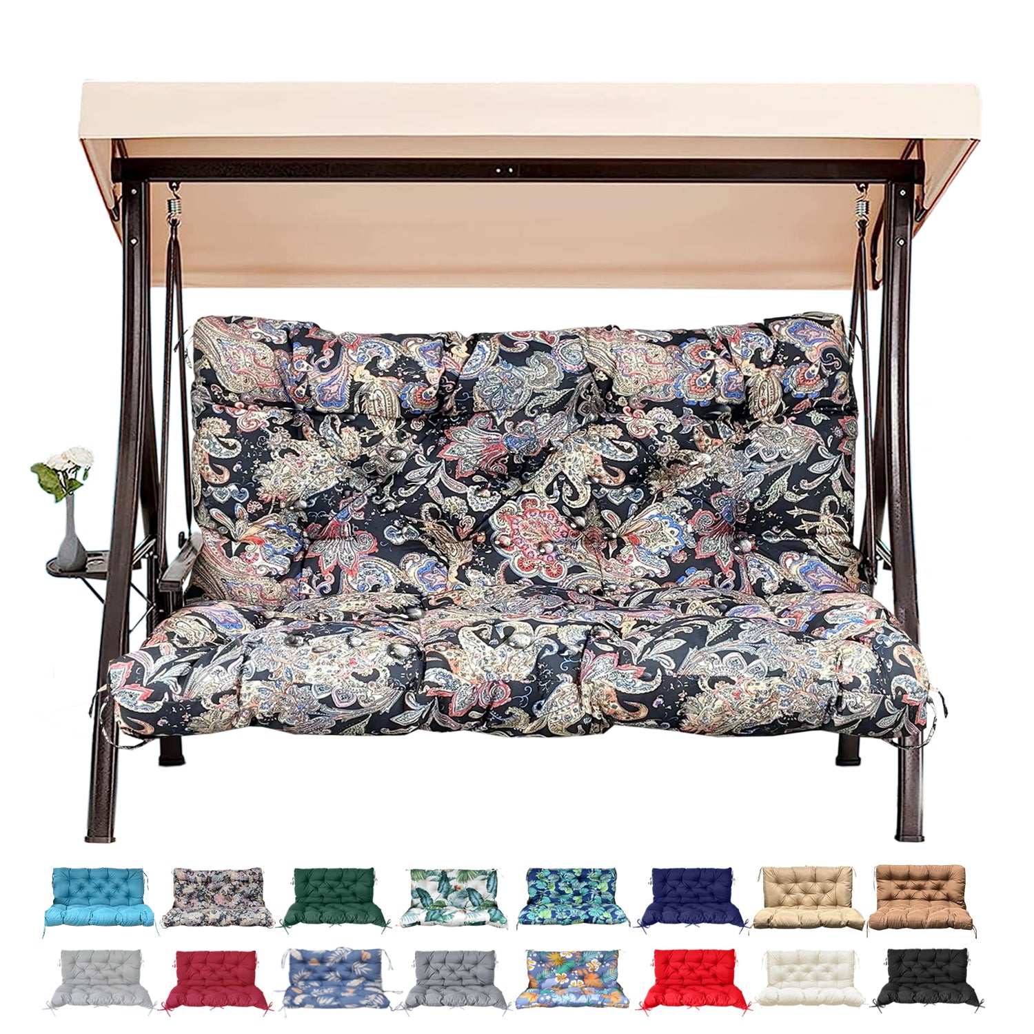 3 Size Outdoor Porch Swing Cushion with Backrest | All Weather Waterproof Tufted Patio Bench Replacement Pad, Anti-Slip Fixing Ties, Fade Resistant Swing Seat Cushion for 2/3-Seater Garden Hanging Swing