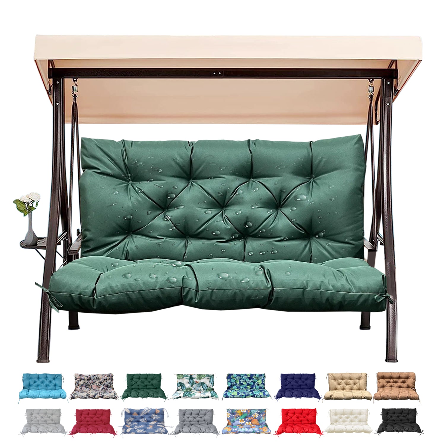 3 Size Outdoor Porch Swing Cushion with Backrest | All Weather Waterproof Tufted Patio Bench Replacement Pad, Anti-Slip Fixing Ties, Fade Resistant Swing Seat Cushion for 2/3-Seater Garden Hanging Swing