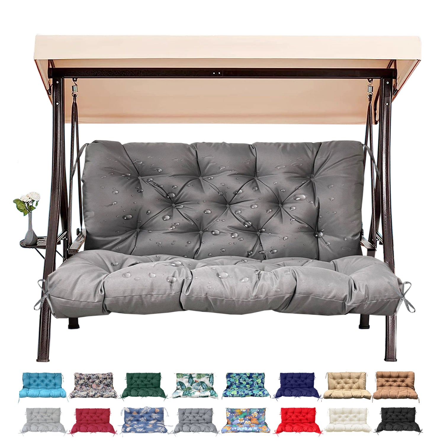 3 Size Outdoor Porch Swing Cushion with Backrest | All Weather Waterproof Tufted Patio Bench Replacement Pad, Anti-Slip Fixing Ties, Fade Resistant Swing Seat Cushion for 2/3-Seater Garden Hanging Swing