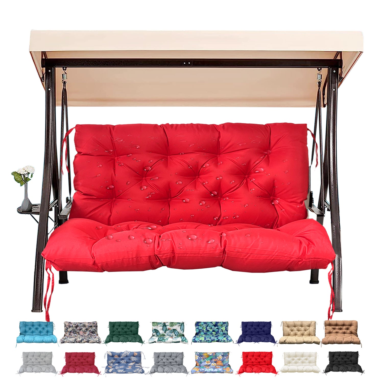 3 Size Outdoor Porch Swing Cushion with Backrest | All Weather Waterproof Tufted Patio Bench Replacement Pad, Anti-Slip Fixing Ties, Fade Resistant Swing Seat Cushion for 2/3-Seater Garden Hanging Swing