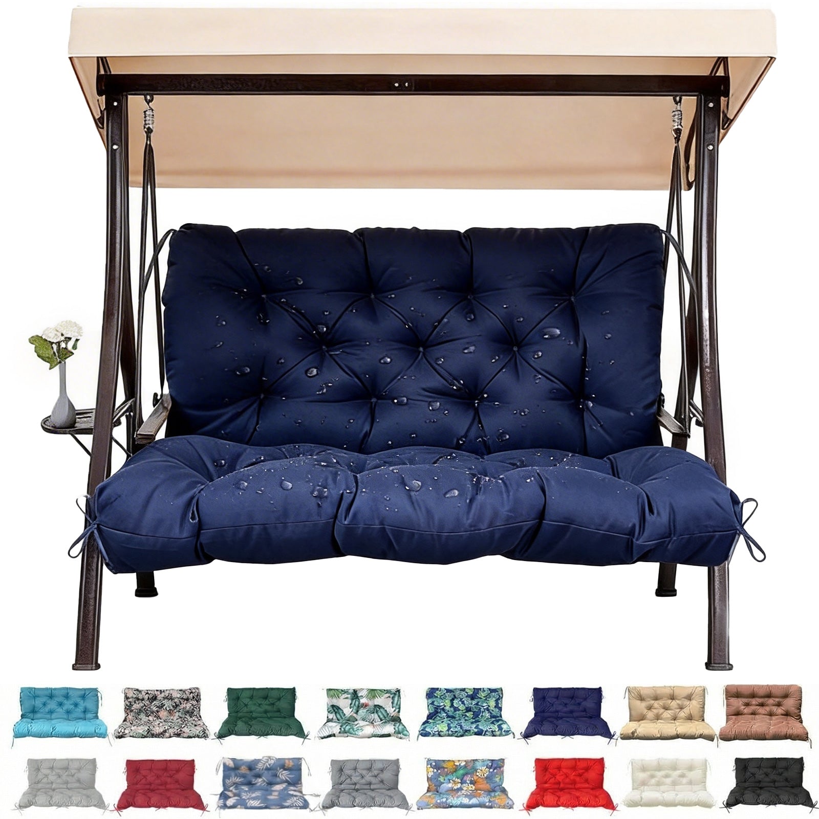 3 Size Outdoor Porch Swing Cushion with Backrest | All Weather Waterproof Tufted Patio Bench Replacement Pad, Anti-Slip Fixing Ties, Fade Resistant Swing Seat Cushion for 2/3-Seater Garden Hanging Swing