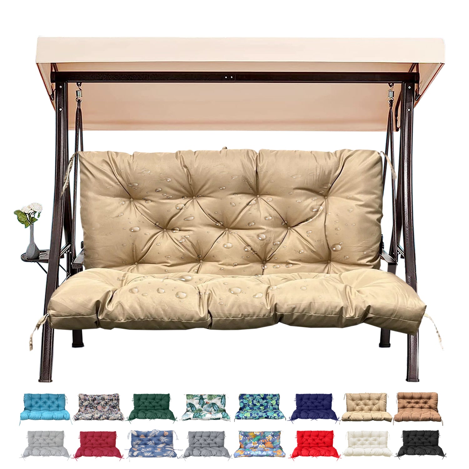 3 Size Outdoor Porch Swing Cushion with Backrest | All Weather Waterproof Tufted Patio Bench Replacement Pad, Anti-Slip Fixing Ties, Fade Resistant Swing Seat Cushion for 2/3-Seater Garden Hanging Swing