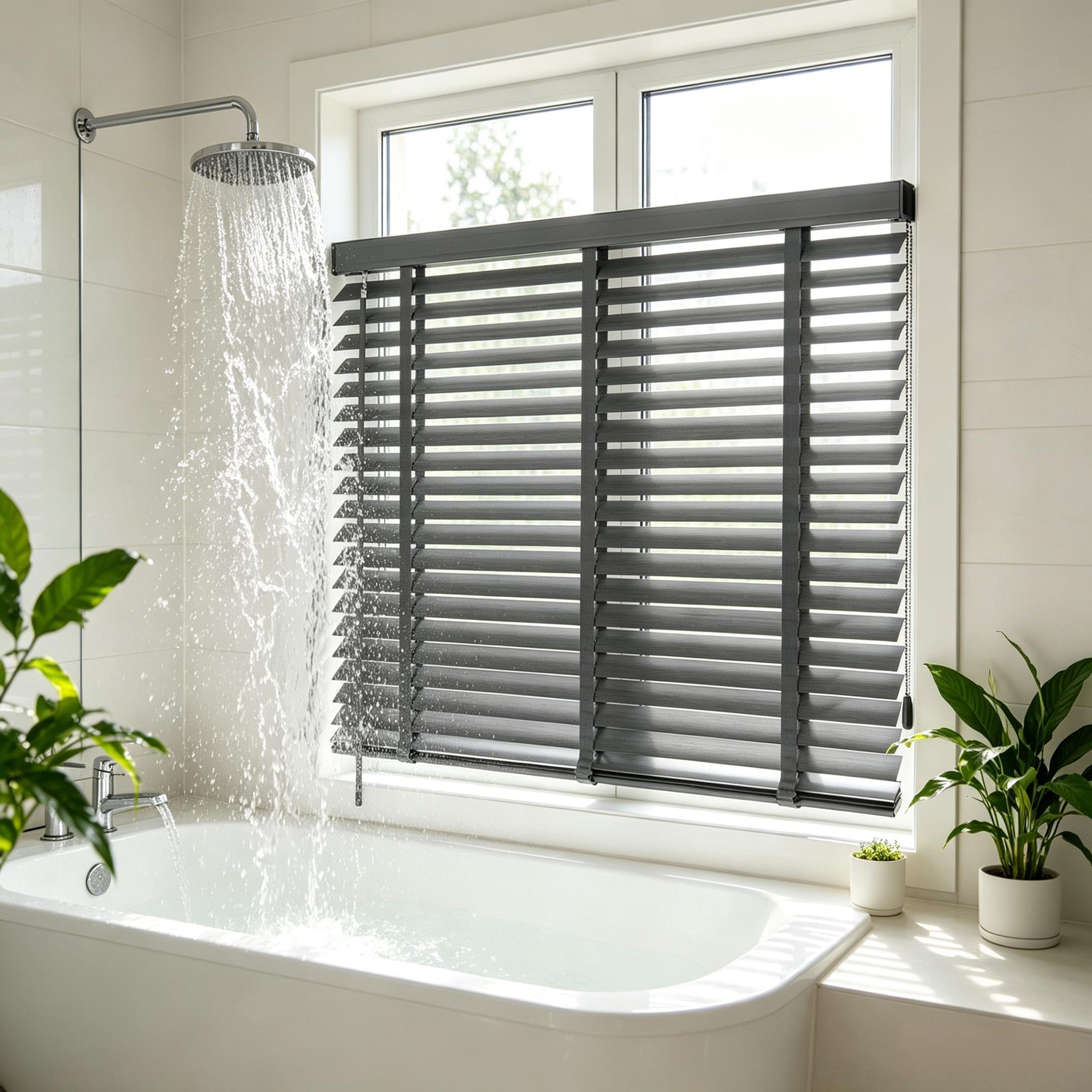 2 Inch Faux Wood Venetian Blinds, Manual Bottom Rail Tilt PVC Horizontal Window Shades in Dark Gray/Light Gray/Charcoal Black, Waterproof Custom Size Blinds for Bedroom Bathroom Kitchen Home Decor